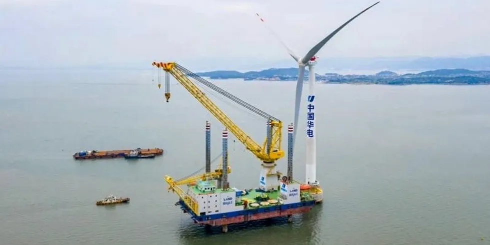 Installation of a 7MW Ming Yang MySE7.0-158 turbine at the Fujian Fuqing Haitan Strait project in China. Chinese offshore wind was one of the motor's of global wind additions in 2021