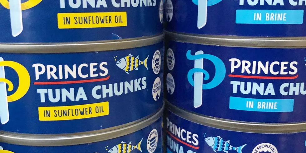 Cans of Princes canned tuna. The UK supplier is owned by Japanese giant Mitsubishi.