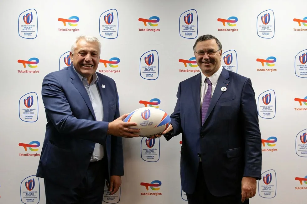 Joining the squad: Claude Atcher (left), chief executive of France 2023, with TotalEnergies chief executive Patrick Pouyanne