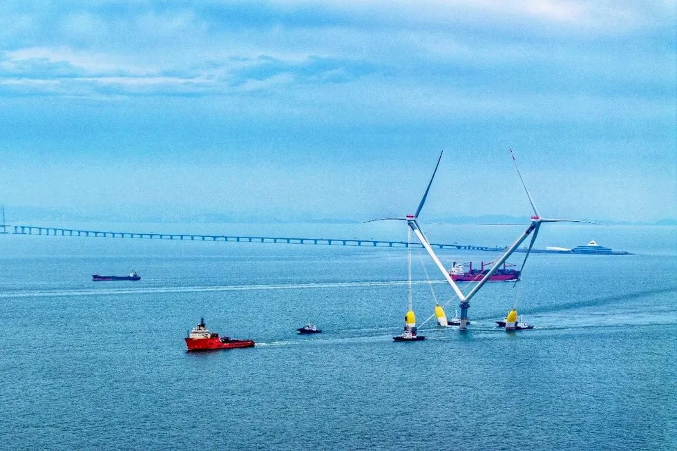 A twin headed OceanX floating offshore wind turbine designed by Mingyang, which has won deals to supply offshore wind farms in Germany and Italy in the last year.