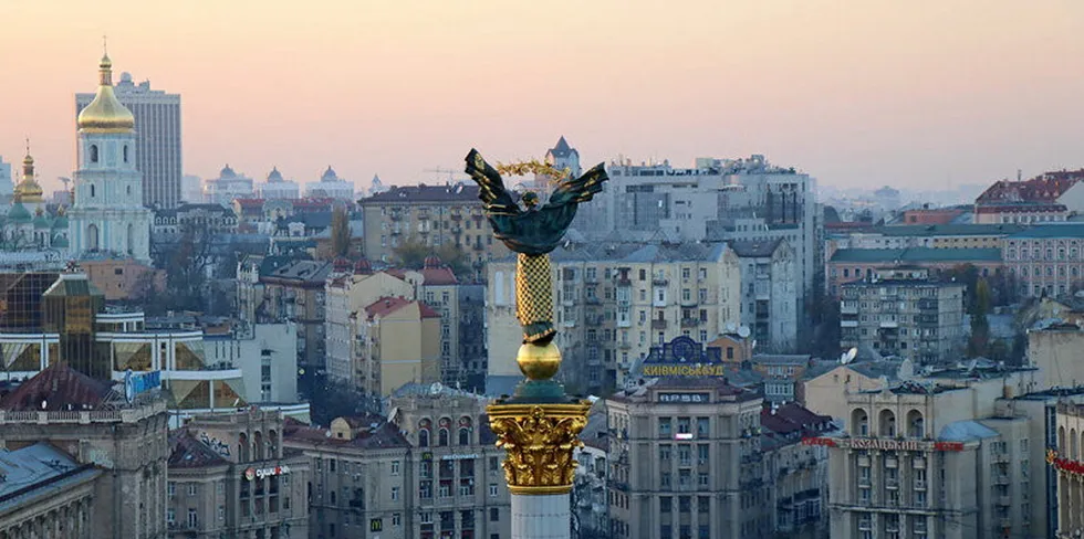 The city of Kiev, Ukraine. In the foreground is the independence monument in Maidan Square.