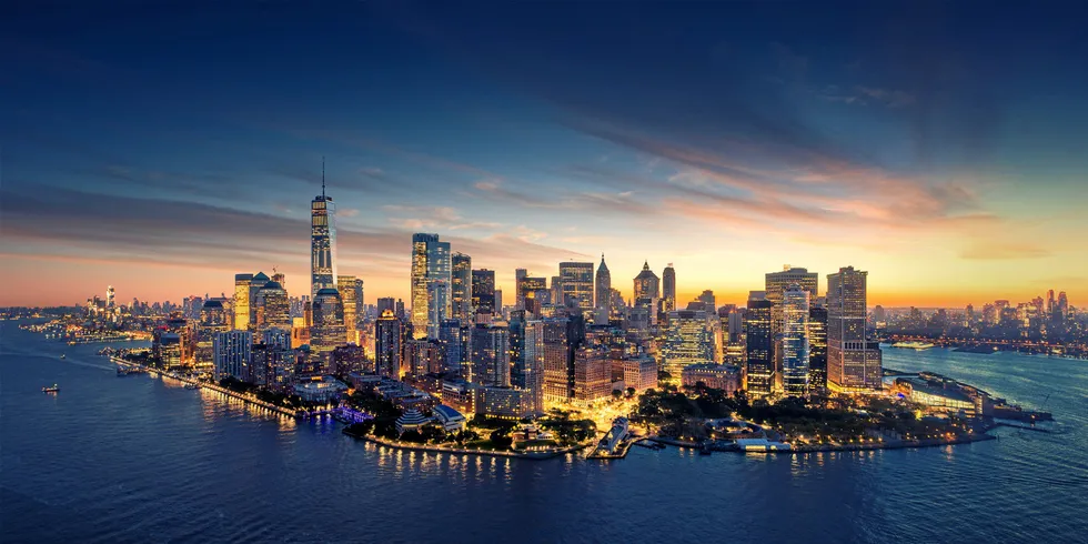 New York City panorama skyline at sunrise.