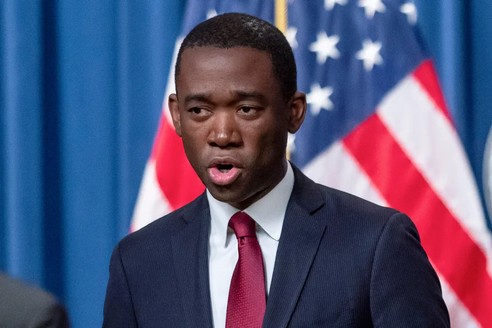 US Deputy Treasury Secretary Wally Adeyemo speaks at the Justice Department on 18 January 2023, in Washington.