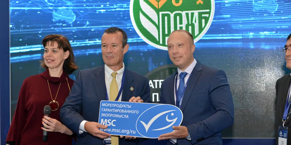 "The certification company determined that the pollock trawl fishery in the Sea of Okhotsk is sustainable and well managed,” said Alexey Buglak (right) pictured here with the MSC's Rupert Howes.