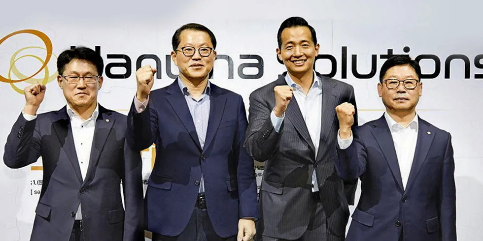 Hanwha Solutions top executives including Chief Executive Officers Hee Cheul Kim of Q CELLS; Koo Yung Lee of Hanwha Chemical; Doo-Hyung Ryu of Hanwha Advanced Materials and Dong-Kwan Kim, President of Hanwha Solutions/Strategy Division.