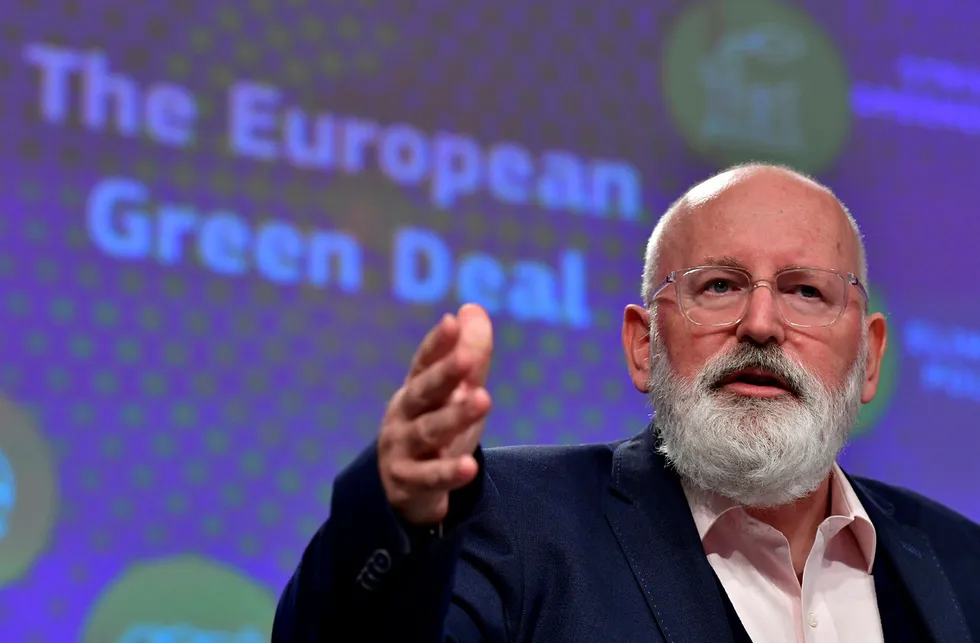Green push: European Commissioners for European Green Deal Frans Timmermans talks during a press conference with European Commissioner for Energy Kadri Simson at the European Parliament in Brussels, 17 September, 2020