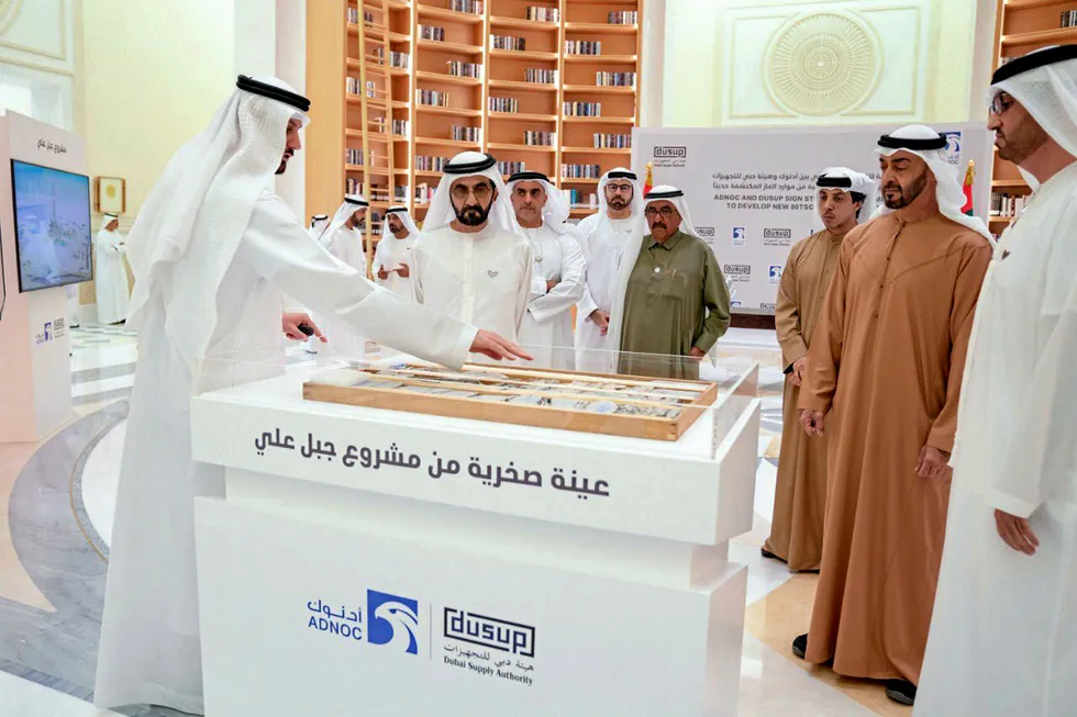 Planning ahead: UAE Prime Minister Mohammed bin Rashid al Maktoum, Abu Dhabi Crown Prince Mohamed bin Zayed al Nahyan and Adnoc chief executive Sultan al Jaber look on during presentation of the proposed Jebel Ali project development