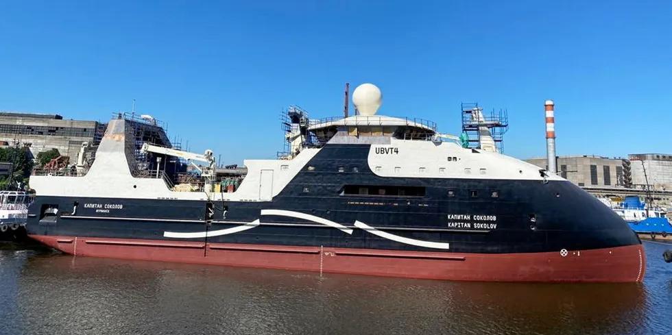 The Kapitan Sokolov, the first in a series of 10 factory trawlers, was built by Severnaya Verf for Norebo and is designed to fish cod and haddock in the North Atlantic.