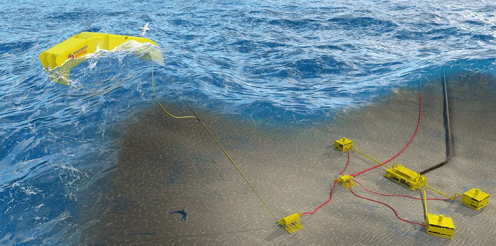 CGI of a floating wave energy converter providing power to an oil & gas platform subsea 'tieback'