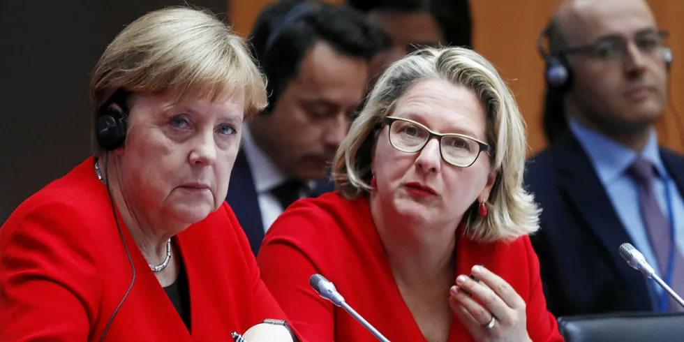 German Chancellor Angela Merkel and environment minister Svenja Schulze at an event before Covid-19