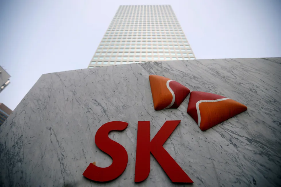 The logo of SK Innovation at its headquarters in Seoul, South Korea.