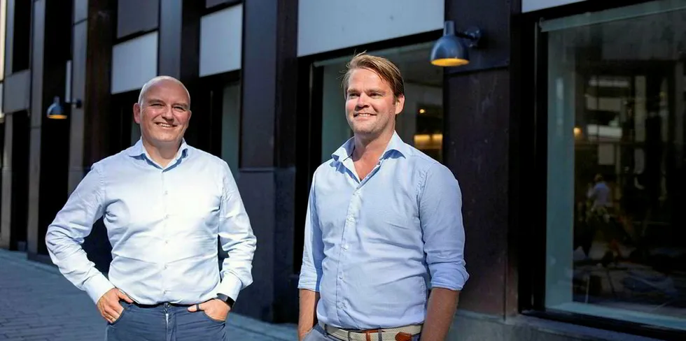 Kolbjorn Giskeodegaard (left) and Anders Hagen have both quit their jobs at Nordea Markets to produce salmon on land in Belgium.