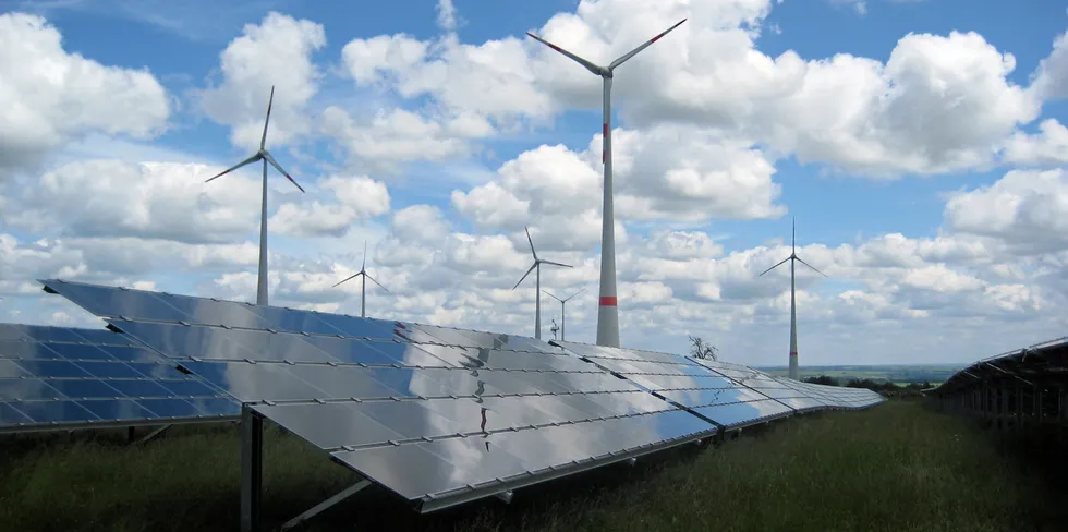 Solar panels and wind turbines at headquarters of German developer Juwi.