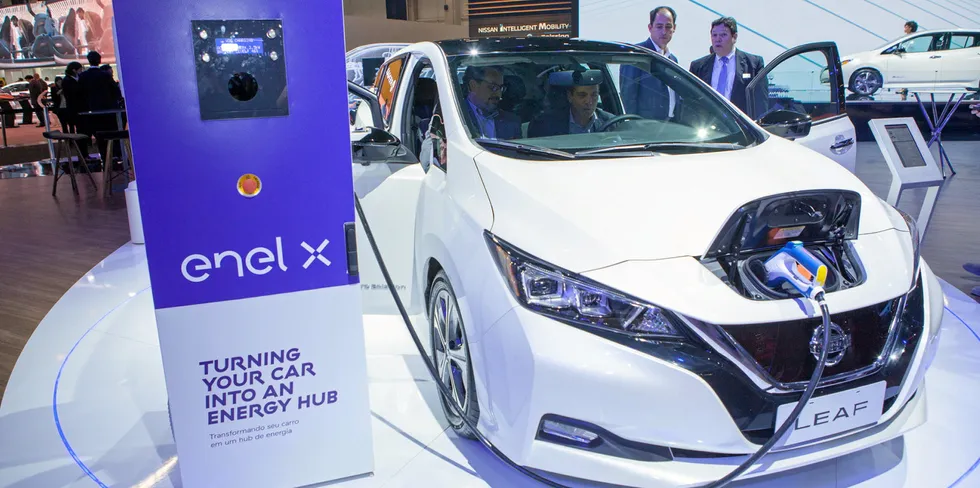 Enel X's vehicle-to-grid (V2G) technology on display at the São Paulo international motor show in 2018.