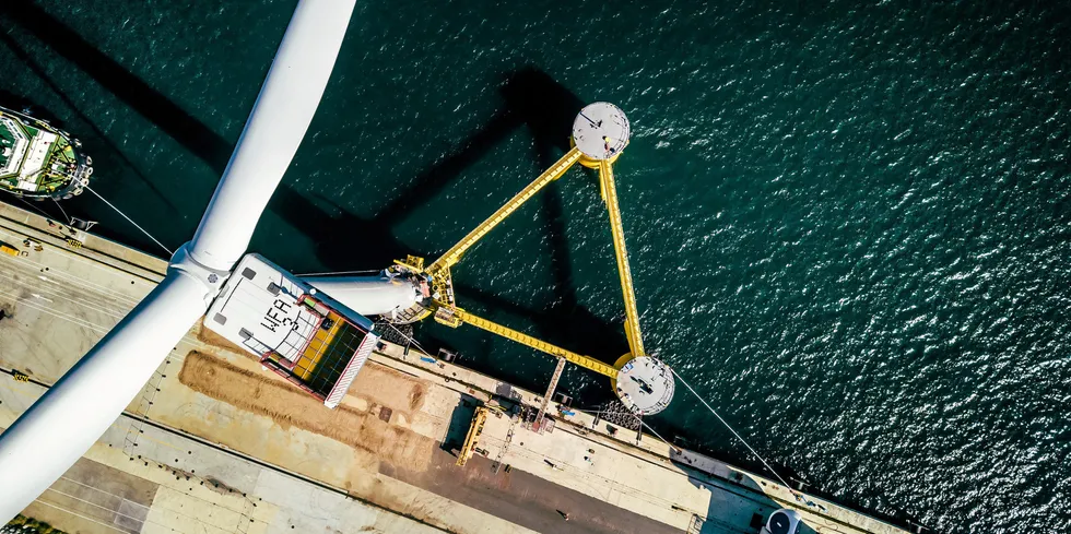 Bird's-eye view of one of Principle Power's WindFloat units with Vestas turbine ahead of installation at the WindFloat Atlantic project off Portugal