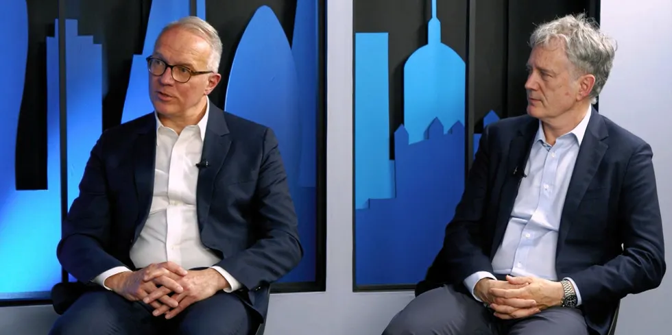 HydrogenOne Capital co-founders Richard Hulf (left) and JJ Traynor being interviewed by London-based investment bank Panmure Gordon, which is working with the fund on the initial fundraising.
