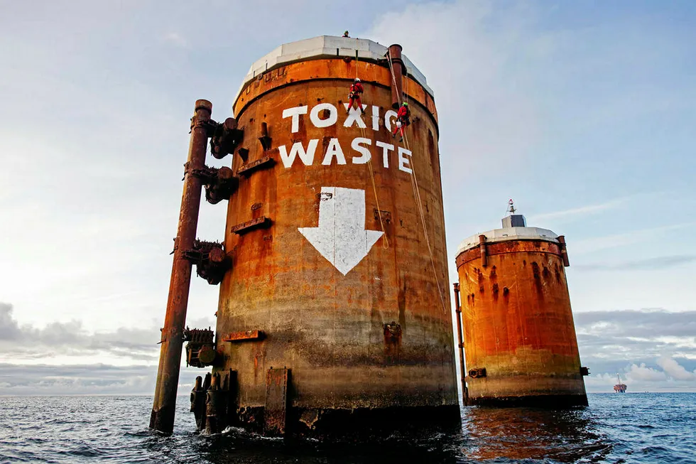 Sending out a message: Greenpeace activists during their protest at Brent Bravo in October