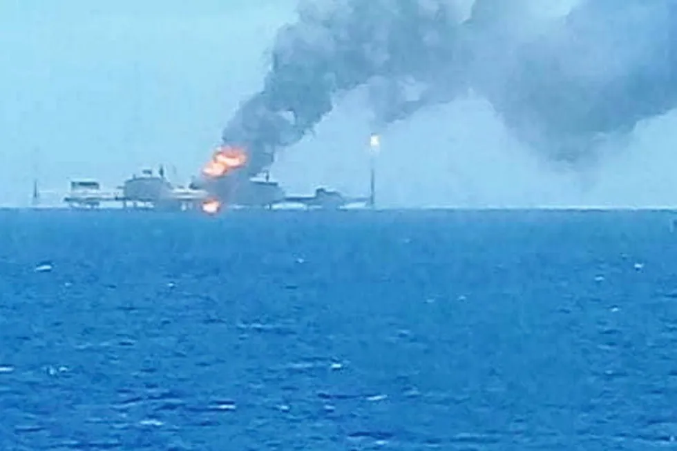 On fire: the E-Ku-A2 platform at Pemex's Ku-Maloob-Zaap shallow-water field in the Bay of Campeche in Mexico