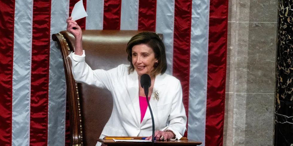 US House Speaker Nancy Pelosi announcing that the passage of the Build Back Better Bill