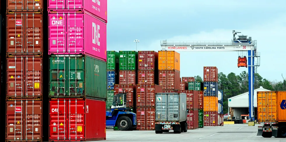 Stacks of containers sit at South Carolina's Port of Charleston, one of several US ports that is dealing with a backlog of cargo.