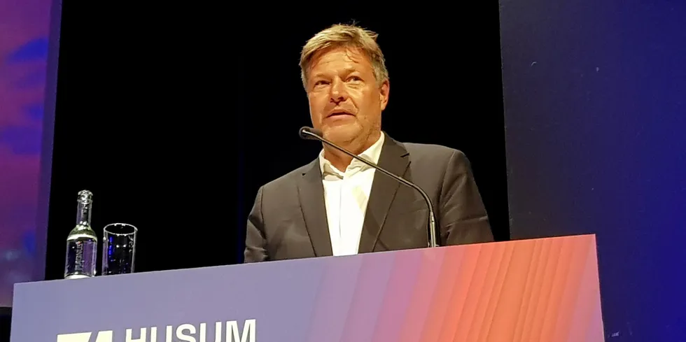 Germany's economics and climate minister, Robert Habeck, speaking at the Husum Wind exposition.