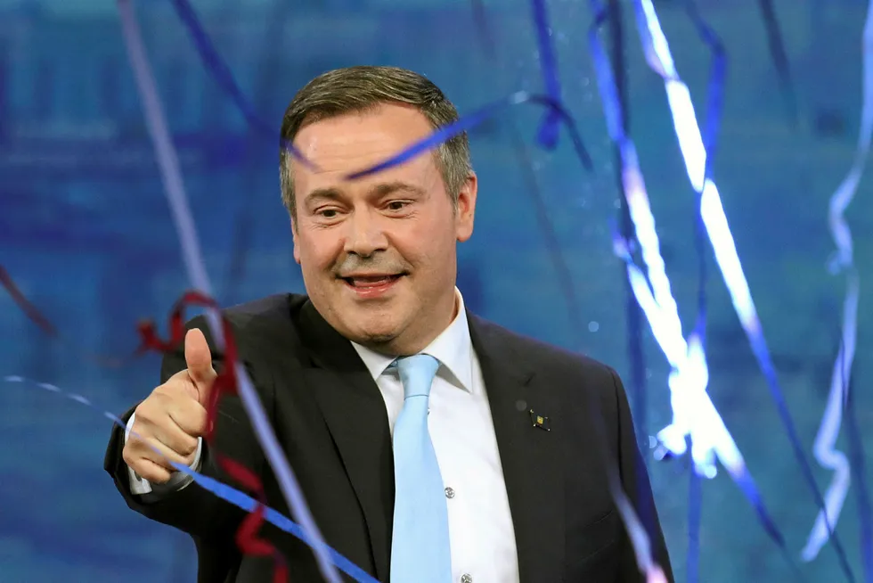 Celebrations: United Conservative Party leader Jason Kenney reacts after winning the Alberta election