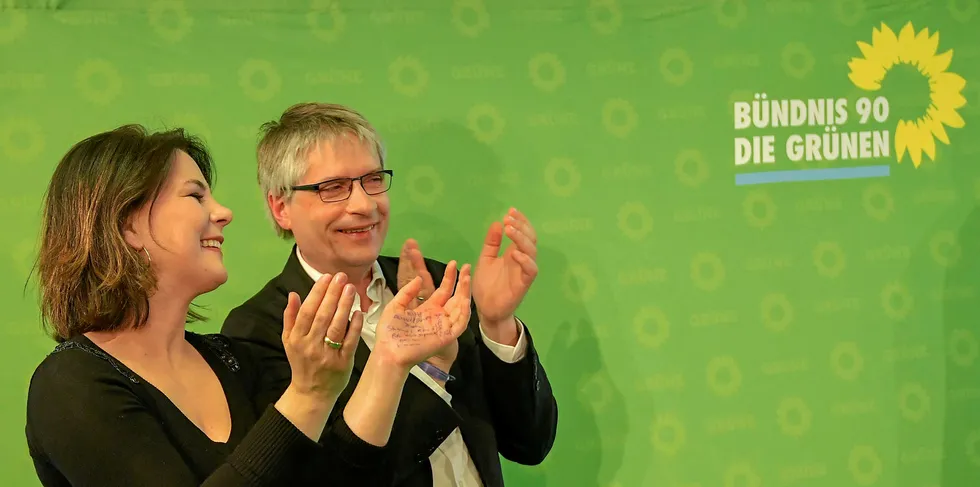 Co-leader of the Green party Annalena Baerbock and German Greens top candidate Sven Giegold after exit polls were announced during the election evening on May 26, 2019 in Berlin following the European parliament election.