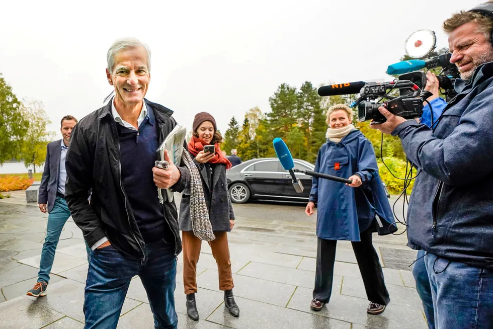 Negotiator: Norway's Prime Minister-elect Jonas Gahr Store arrives at the Hurdalsjoen Hotel north of Oslo for talks with leaders of the Centre and Socialist Left parties this week