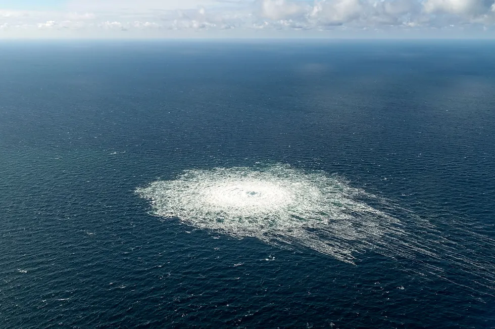 A gas leak at the Nord Stream 2 gas pipeline folowing the explosions off the Danish Baltic island of Bornholm, south of Dueodde.