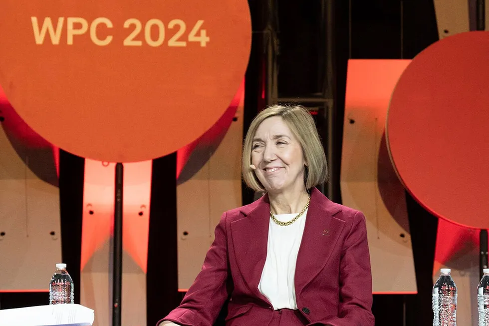 Karen McKee, Exxon's president of product solutions participates in a session of the World Petrochemical Conference in Houston in March 2024.