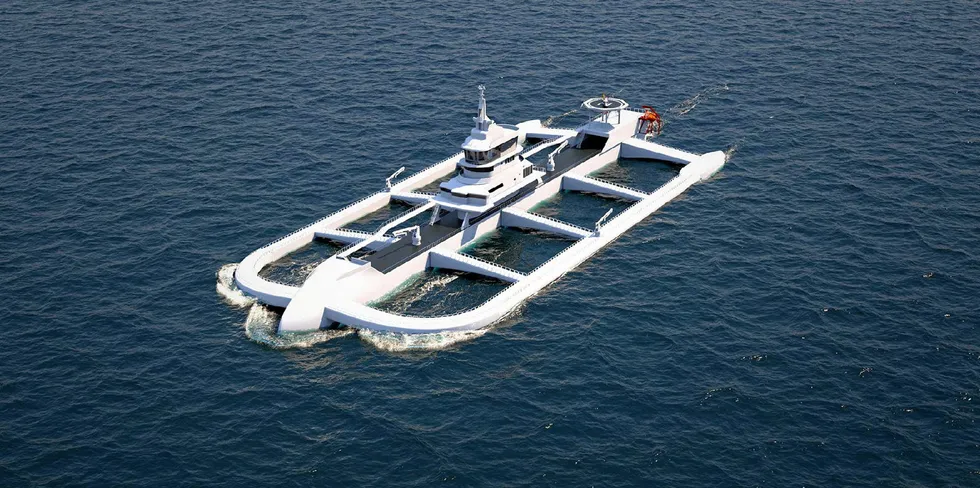 Ocean Ark's roaming fish farm, with 450 metric tons of storage and room for six to 20 crew, does not need to be anchored to a particular area and can move autonomously.