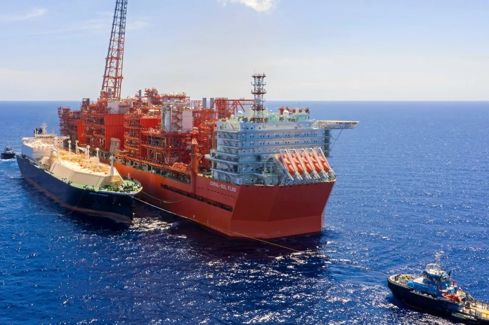 Eni’s Coral Sul liquefaction vessel offloads first cargo to an LNG carrier offshore Mozambique.