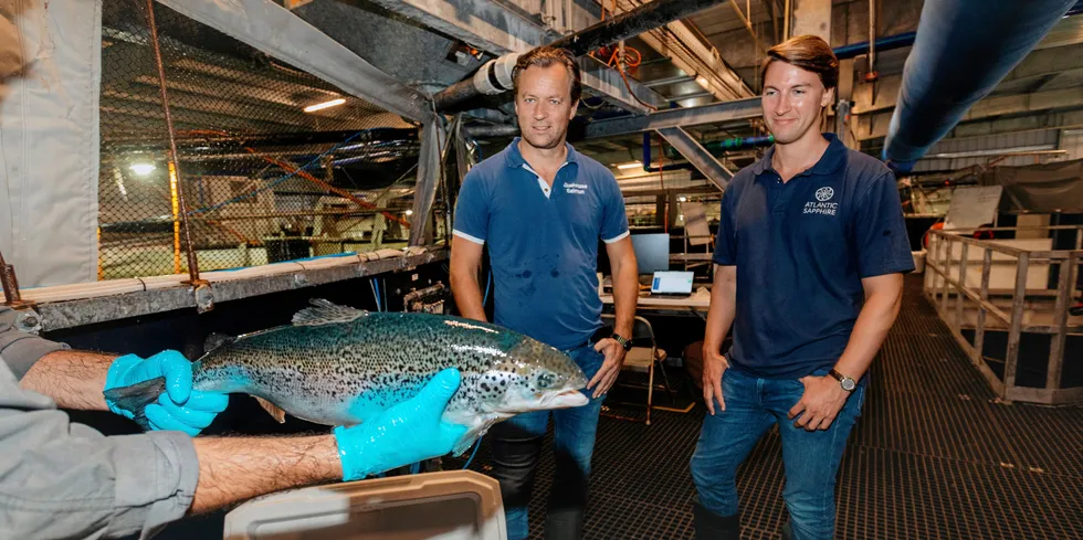"By the end of September, we will be back to budgeted temperatures and will get production back to budget," Atlantic Sapphire CFO Karl Oystein (to the left of CEO Johan Andreassen) said