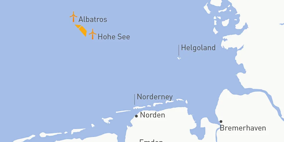 Map of Hohe See and Albatros offshore wind farms in the German North Sea