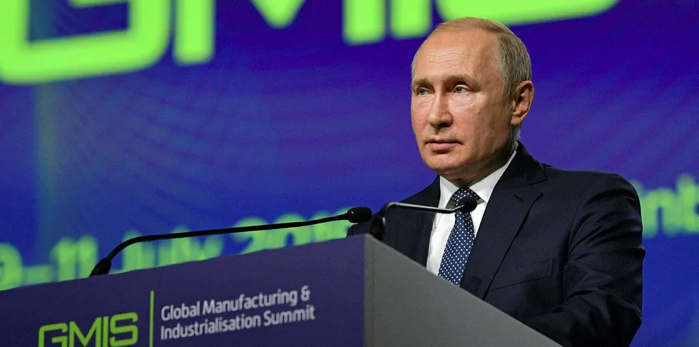 Russian President Vladimir Putin gives a speech during the Global Manufacturing & Industrialisation Summit (GMIS) in Yekaterinburg on July 9, 2019.