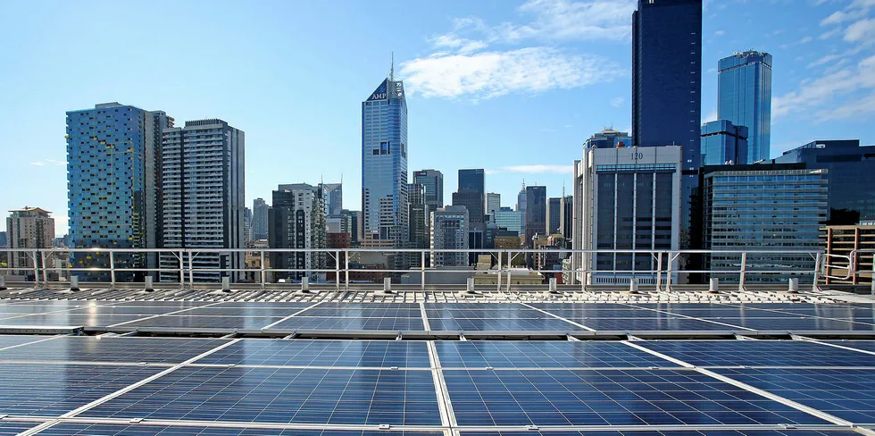 Solar panels are seen on the rooftop at AGL's new Docklands office on August 20, 2015 in Melbourne, Australia.