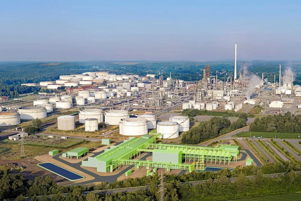 A computer-generated rendering of the 100 MW green hydrogen plant at the Lingen refinery.