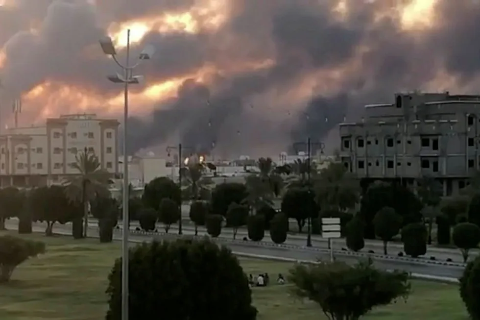 Smoke is seen following a fire at an Aramco factory in Abqaiq, Saudi Arabia, September 14