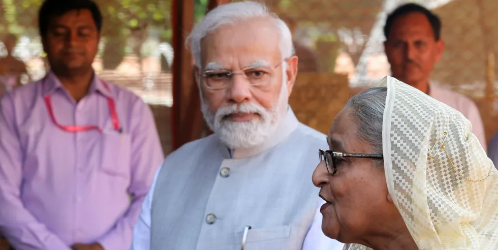 Bangladesh Prime Minister Sheikh Hasina watched by Indian leader Narendra Modi.