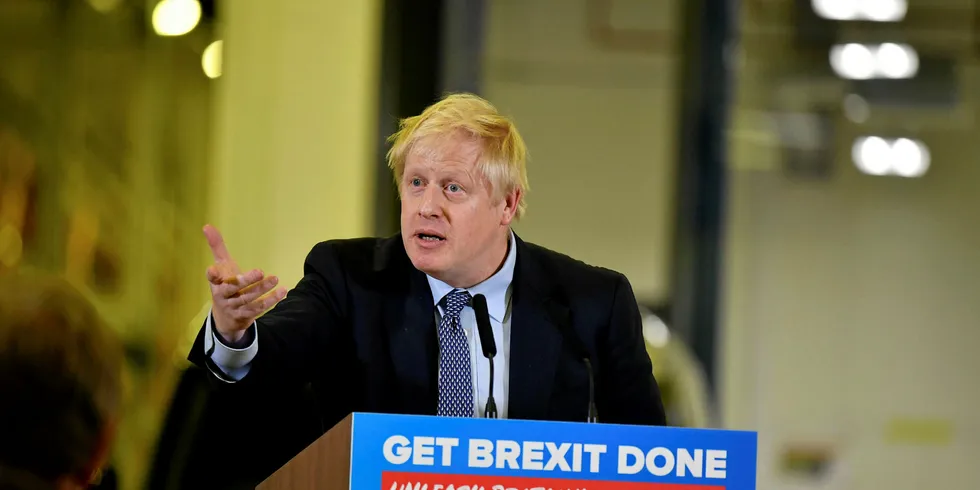 Britain's Prime Minister Boris Johnson delivers a speech during his Conservative party general election campaign.