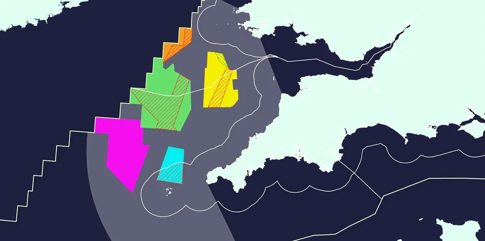 Map showing the five 'areas for search' spotlighted by the UK Crown Estate in the Celtic Sea for search floating wind arrays