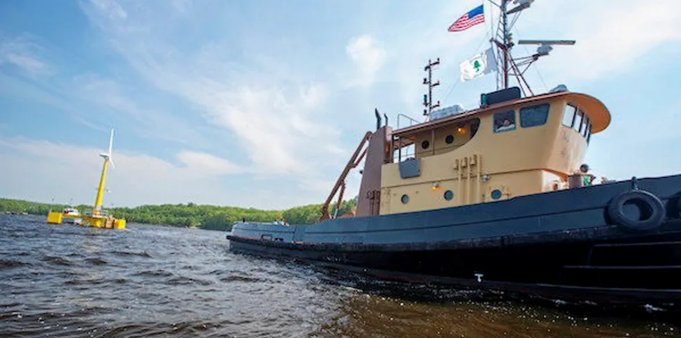The part-scale VolturnUS floating wind unit being towed to the Aqua Ventus site off Maine