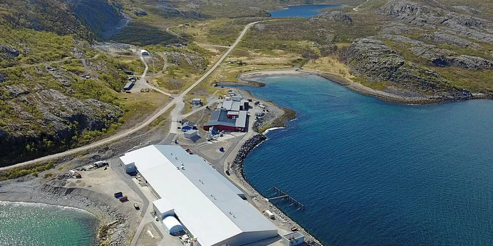 Grieg Seafood Finnmark's modern smolt plant in Adamselv, Lebesby municipality. The new building in the foreground is as big as two football fields.