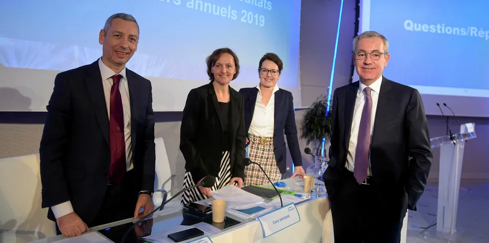 The Engie transition management team of (left to right) chief operating officer Paulo Almirante, interim chief executive Claire Waysand and chief financial officer Judith Hartmann, pose with chairman Jean-Pierre Clamadieu, after presenting the group's 2019 financial results in Paris on Thursday morning.