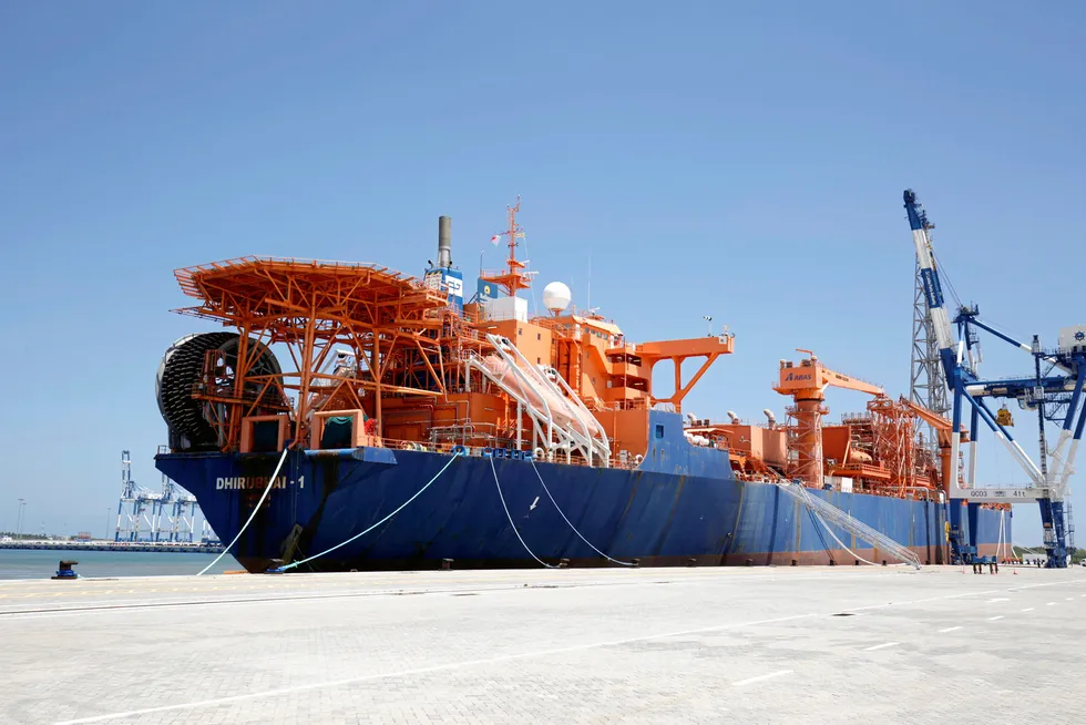 Ghana target: Aker Floating Production’s Dhirubhai 1 FPSO arrives is currently at anchor in Sri Lanka.