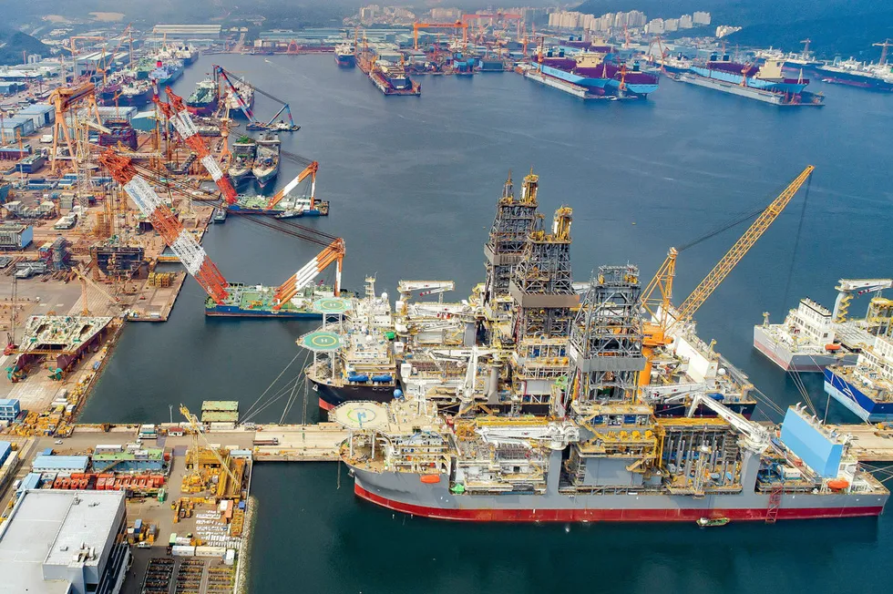 Under construction: drillships at Hanwha Ocean's (formerly Daewoo Shipbuilding & Marine Engineering) yard in South Korea.