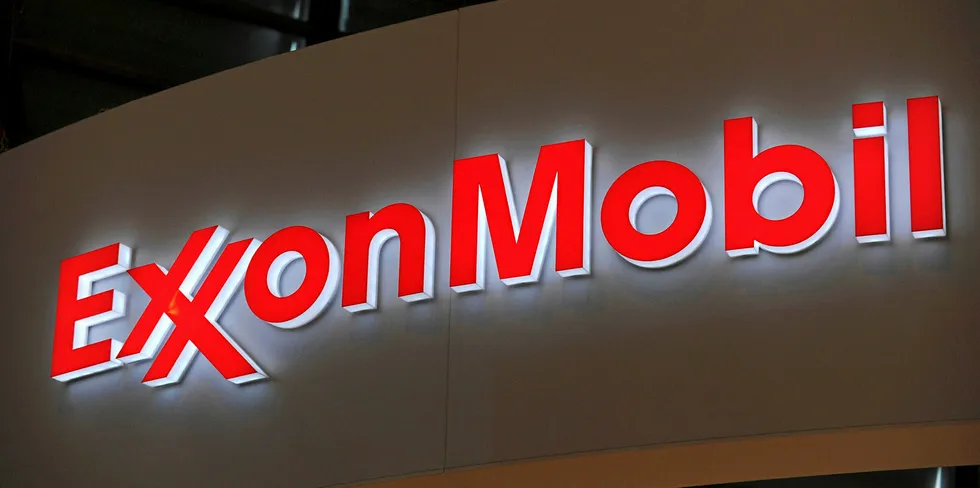 A picture shows the logo of US oil and gas giant ExxonMobil during the World Gas Conference exhibition in Paris.