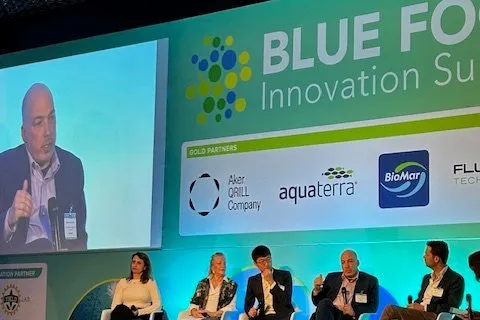 A panel debate at the Blue Food Innovation Summit in London, featuring (left to right): Aqua-Spark Chief Portfolio Officer Maria Velkova, The Yield Lab Asia-Pacific MD and co-founder Claire Pribula, Novo Holding Vice-President Alan Liu, and Rabo Ventures Executive Director Jeroen van der Staay.