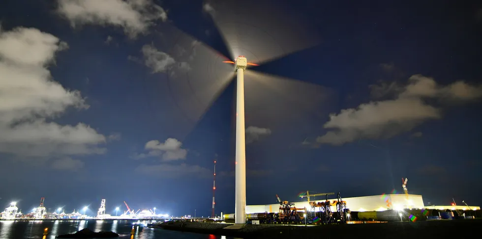 GE Renewable Energy's 14MW Haliade-X prototype in the Port of Rotterdam, the Netherlands