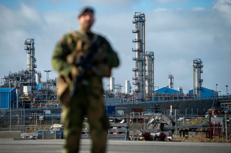 Site security: Norway’s Home Guard assist the police with increased security at Kaarsto facility last week.